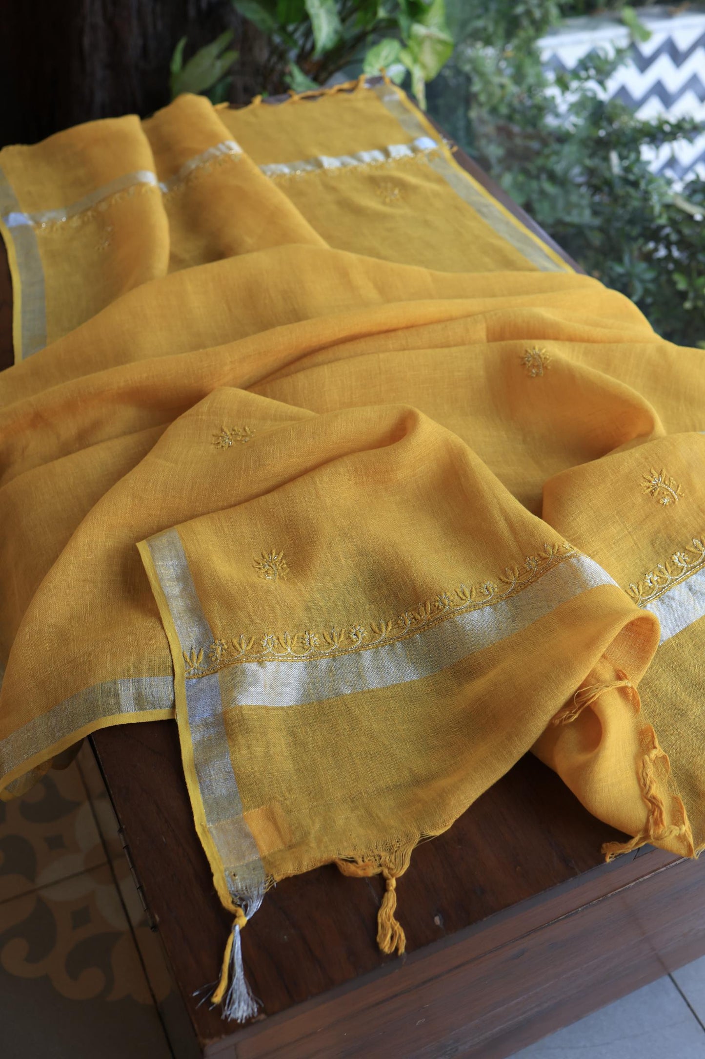 Mustard Yellow Shade Rasm Silk Chikankari With Ari Work Unstitched Kurta Dupatta Set