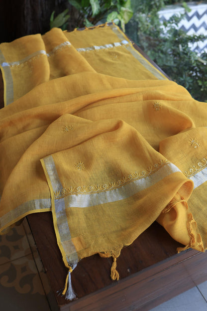 Mustard Yellow Shade Rasm Silk Chikankari With Ari Work Unstitched Kurta Dupatta Set