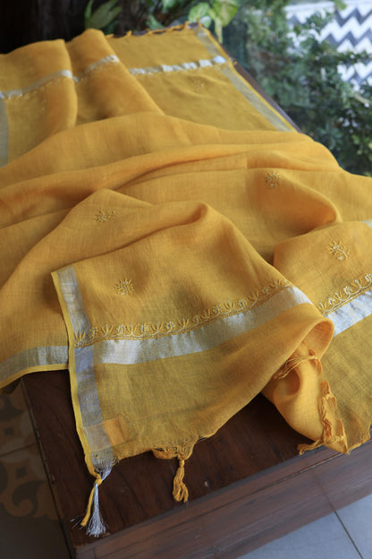 Mustard Yellow Shade Rasm Silk Chikankari With Ari Work Unstitched Kurta Dupatta Set