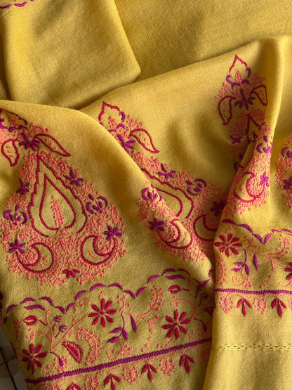 Mustard Yellow Shade Saman Pashmina Fine Chikankari Shawl