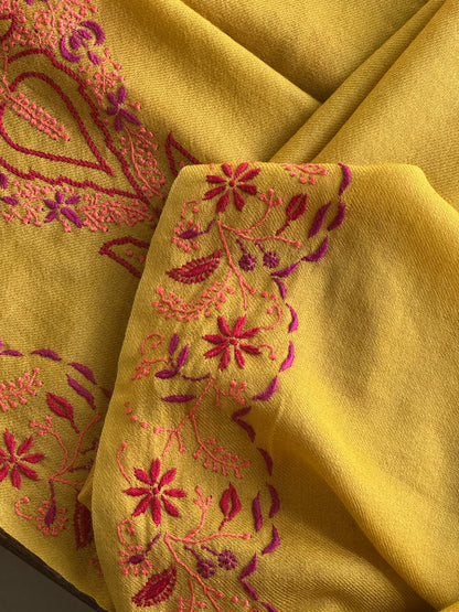 Mustard Yellow Shade Saman Pashmina Fine Chikankari Shawl