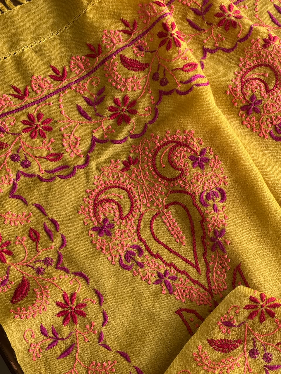 Mustard Yellow Shade Saman Pashmina Fine Chikankari Shawl