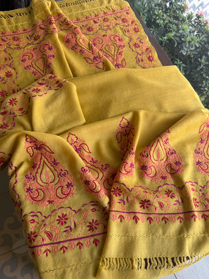 Mustard Yellow Shade Saman Pashmina Fine Chikankari Shawl