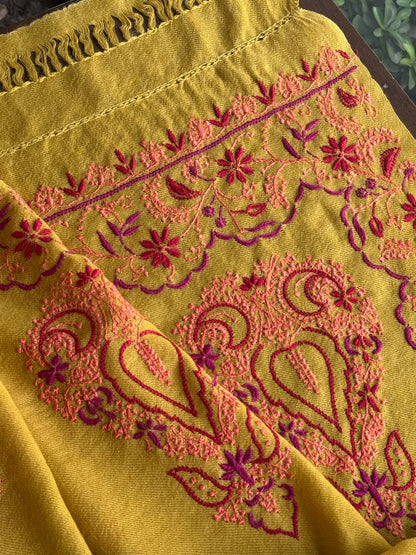 Mustard Yellow Shade Saman Pashmina Fine Chikankari Shawl