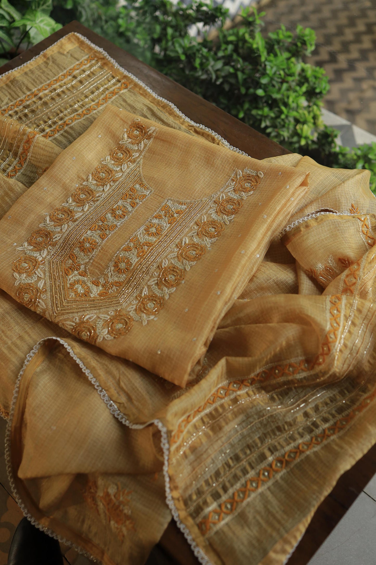 Mustard Yellow Shade Tissue Kota Chikankari Unstitched Fabric