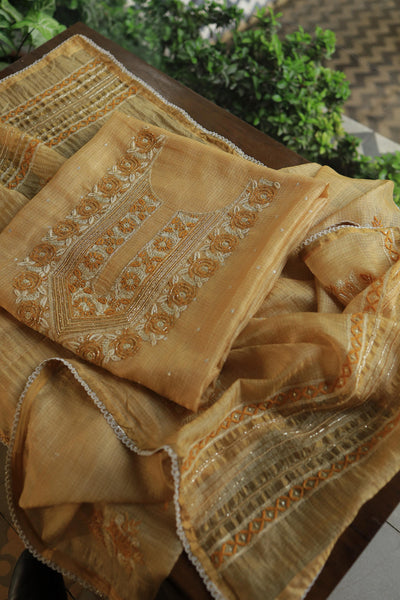 Mustard Yellow Shade Tissue Kota Chikankari Unstitched Fabric
