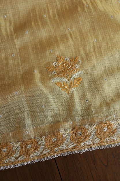 Mustard Yellow Shade Tissue Kota Chikankari Unstitched Fabric
