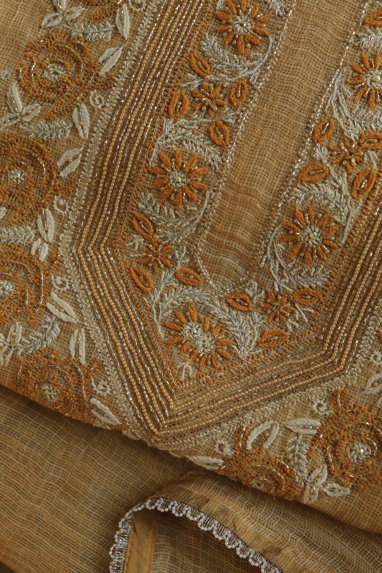 Mustard Yellow Shade Tissue Kota Chikankari Unstitched Fabric