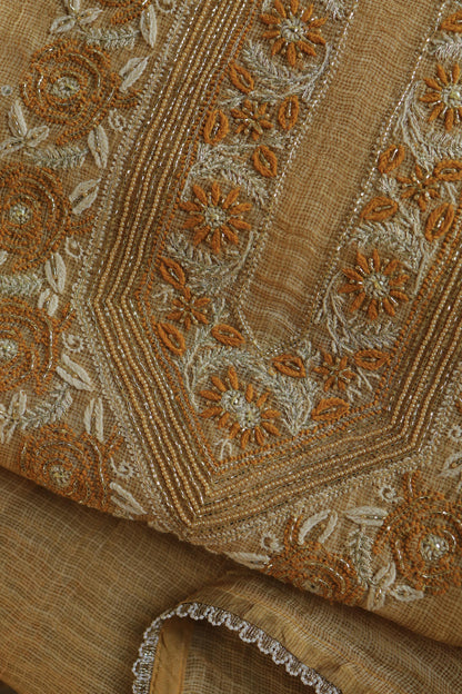 Mustard Yellow Shade Tissue Kota Chikankari Unstitched Fabric
