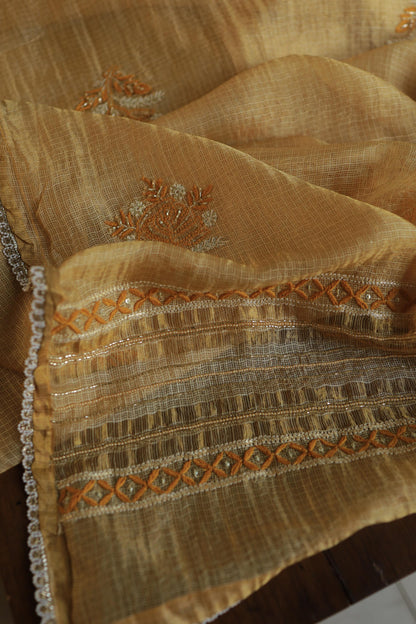 Mustard Yellow Shade Tissue Kota Chikankari Unstitched Fabric