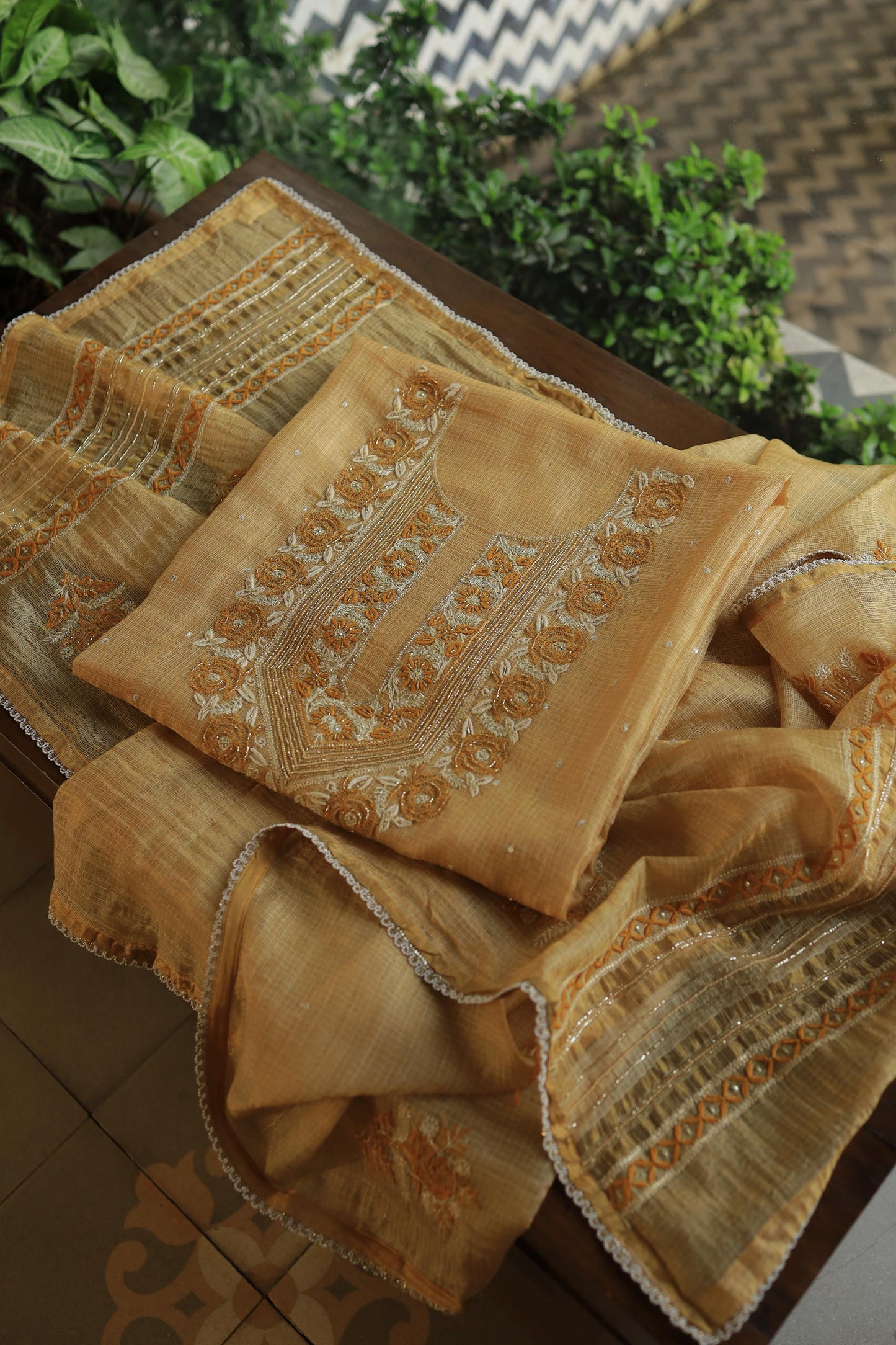 Mustard Yellow Shade Tissue Kota Chikankari Unstitched Fabric