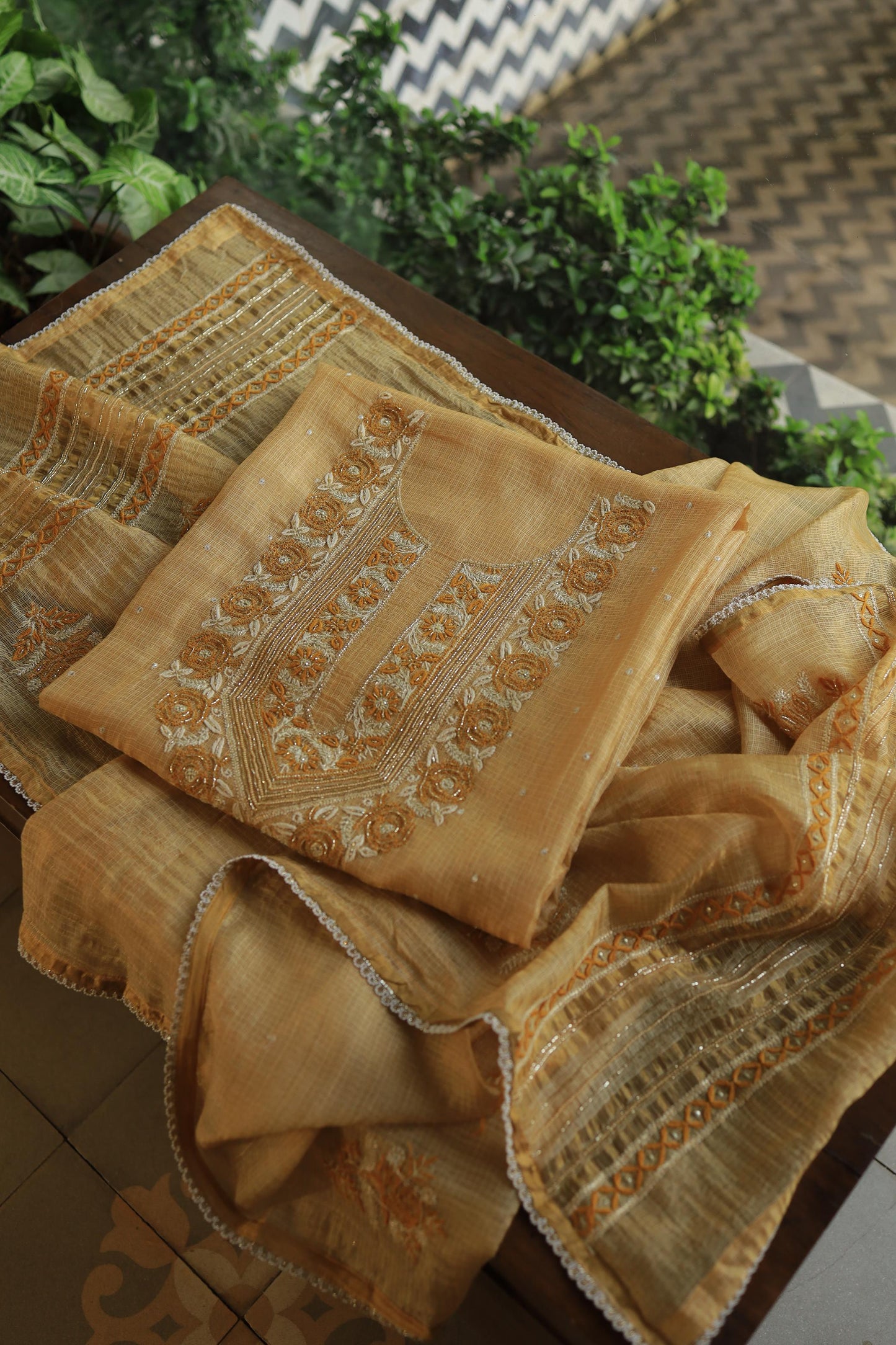 Mustard Yellow Shade Tissue Kota Chikankari Unstitched Fabric