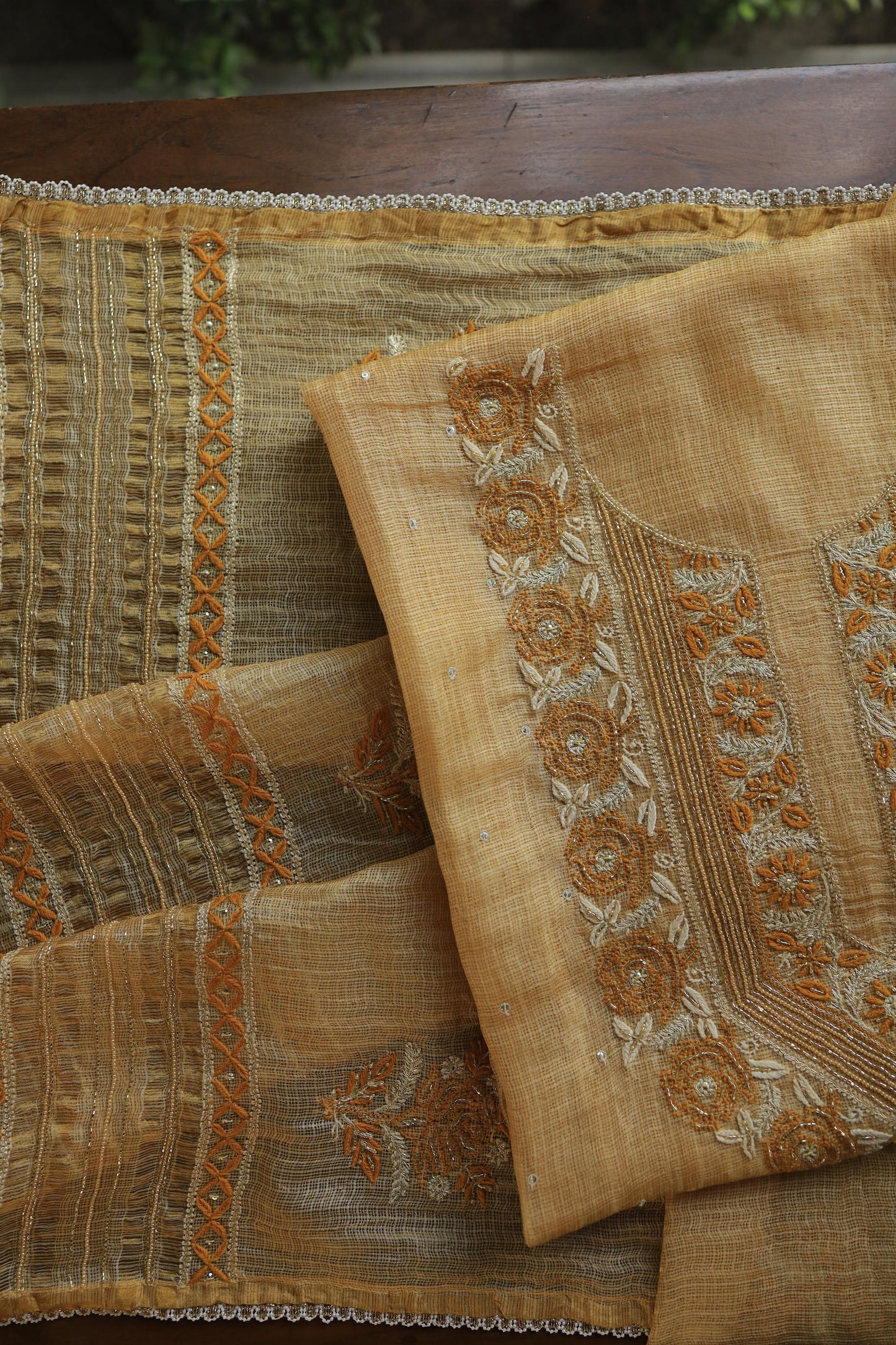 Mustard Yellow Shade Tissue Kota Chikankari Unstitched Fabric
