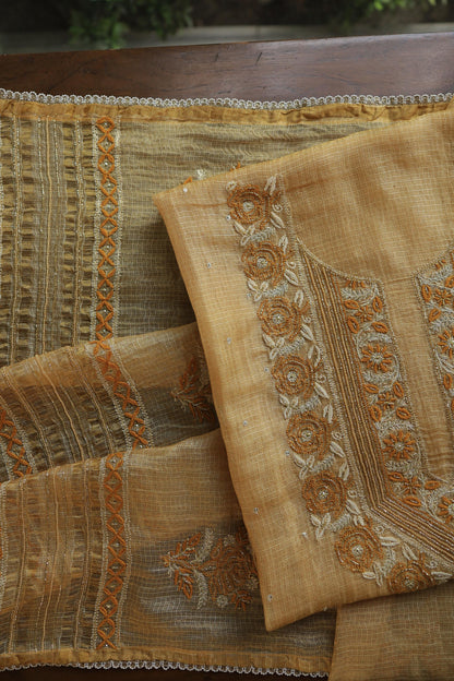 Mustard Yellow Shade Tissue Kota Chikankari Unstitched Fabric