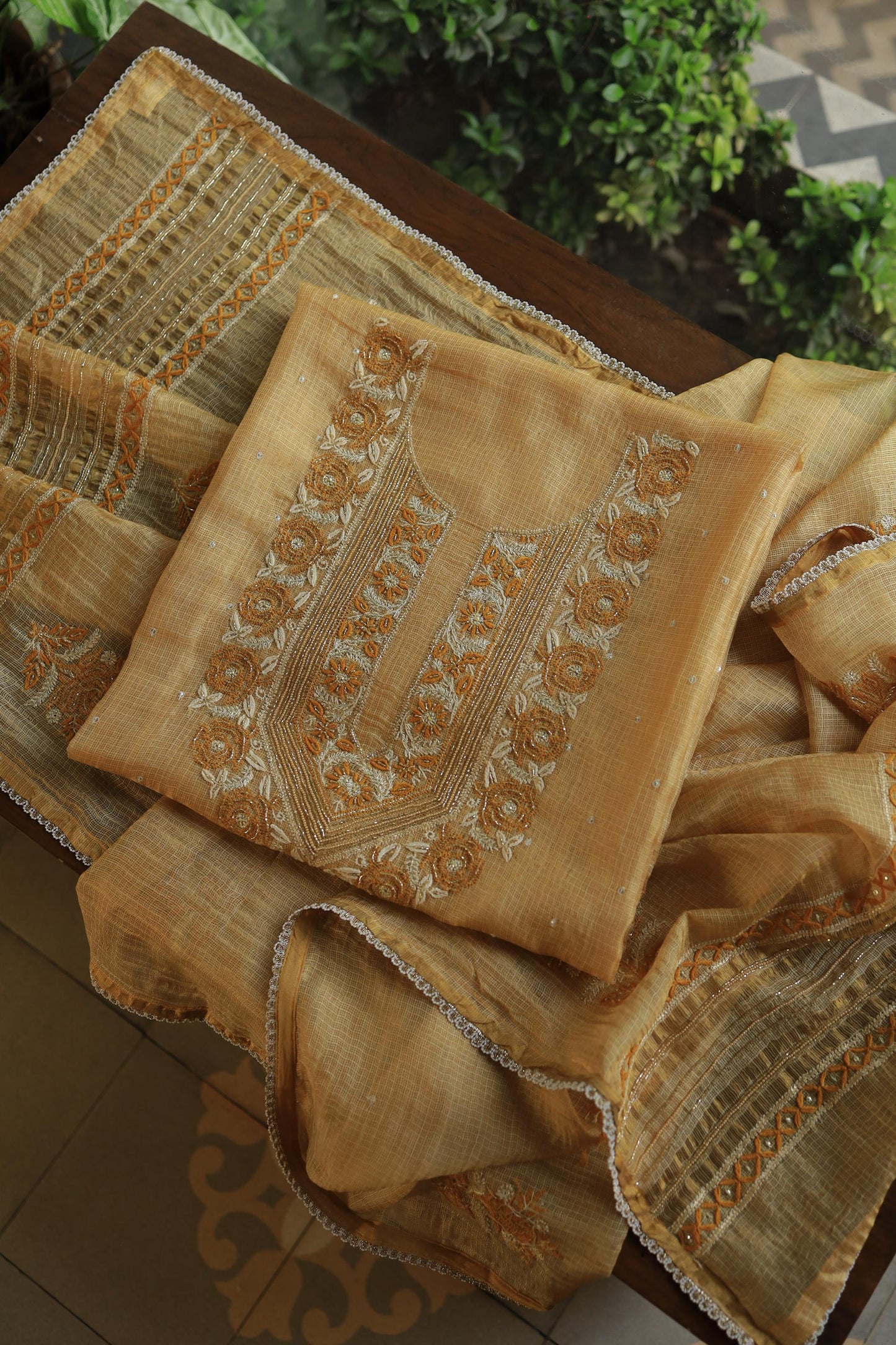 Mustard Yellow Shade Tissue Kota Chikankari Unstitched Fabric
