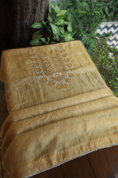 Mustard Yellow Shade Tissue Kota Chikankari Unstitched Fabric