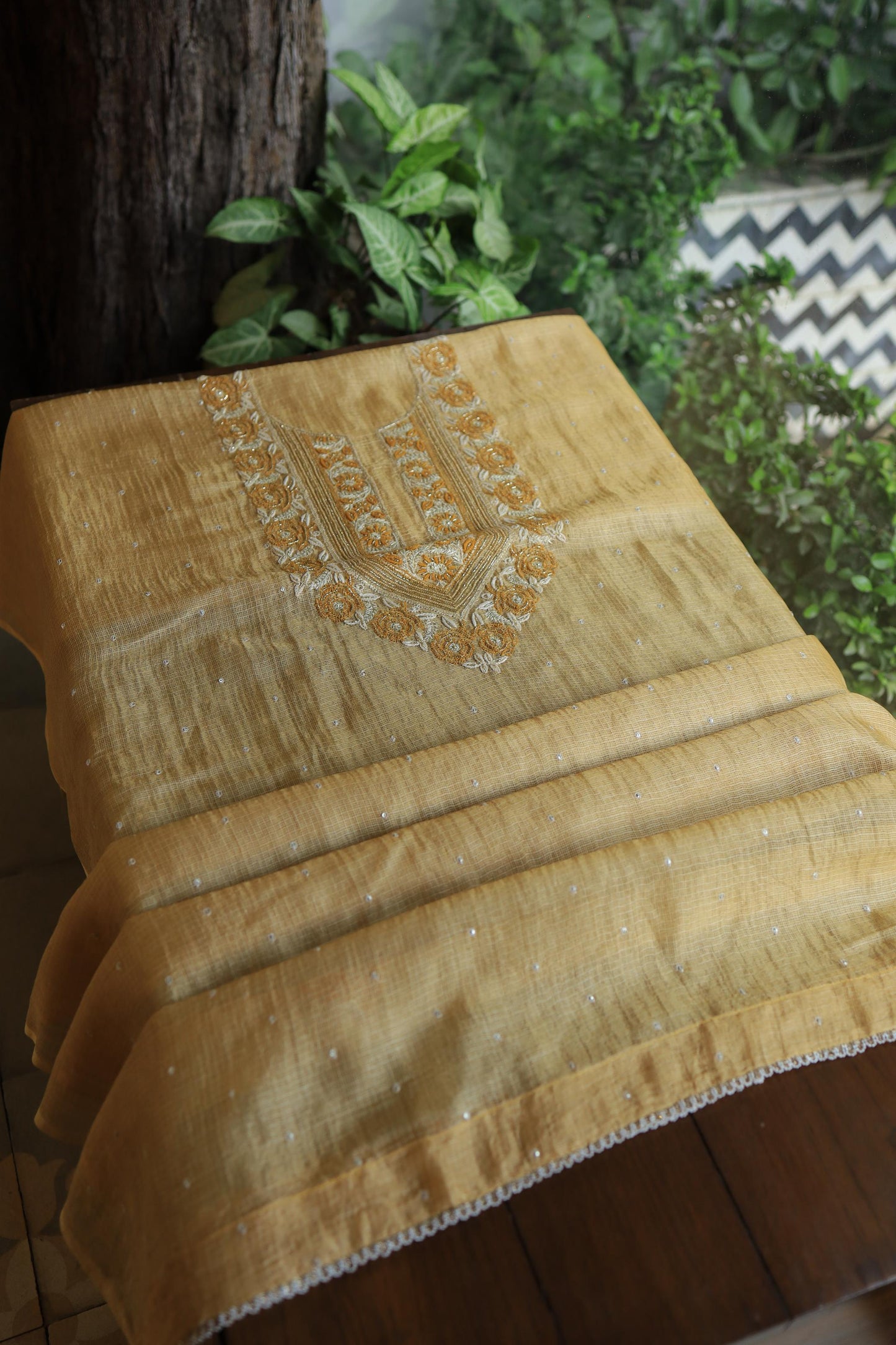 Mustard Yellow Shade Tissue Kota Chikankari Unstitched Fabric