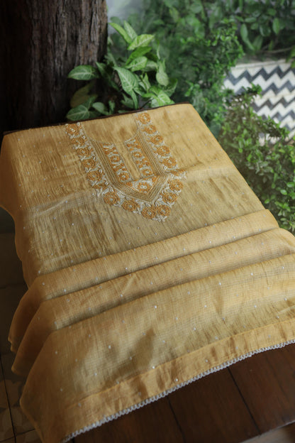 Mustard Yellow Shade Tissue Kota Chikankari Unstitched Fabric