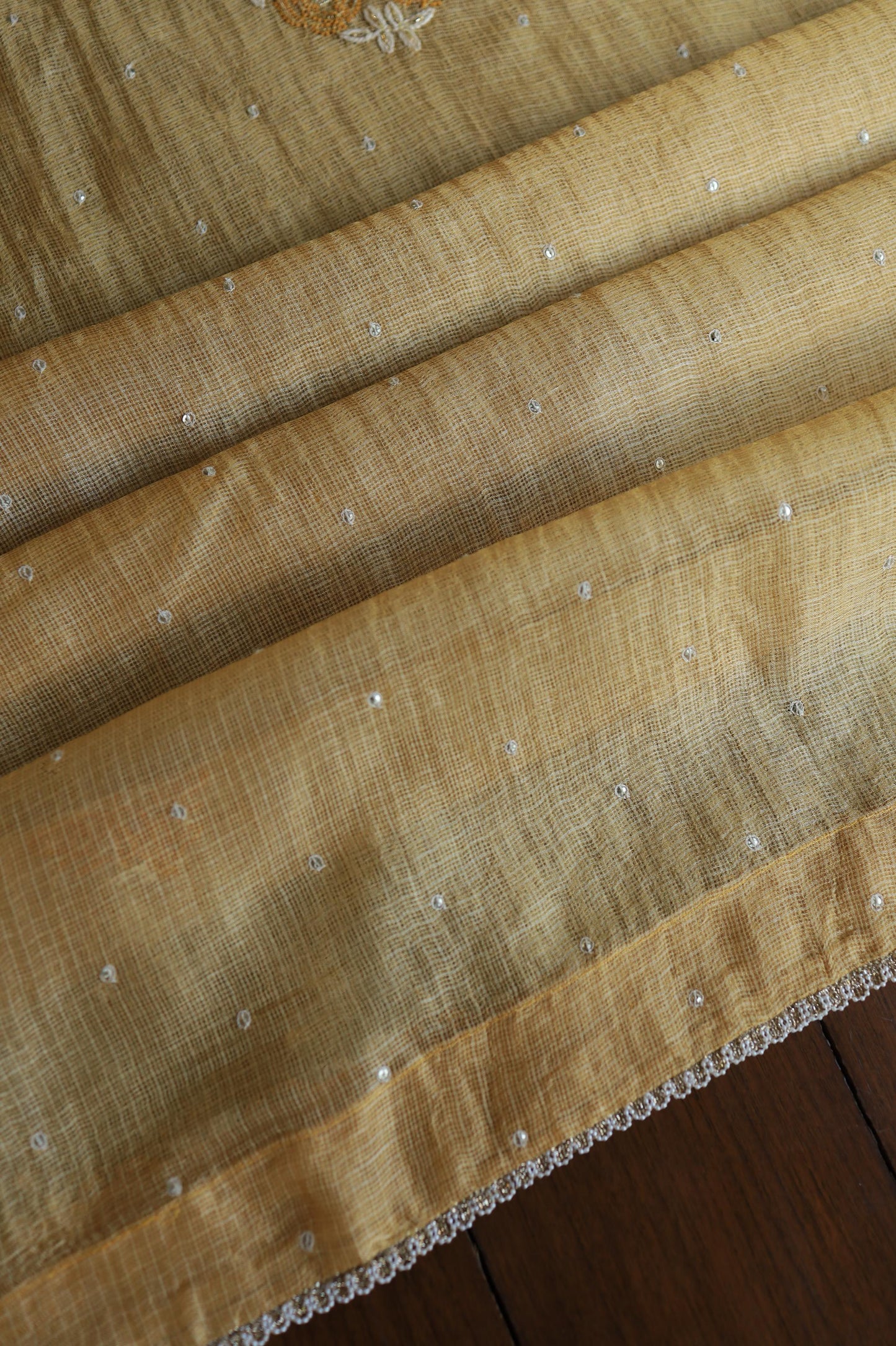 Mustard Yellow Shade Tissue Kota Chikankari Unstitched Fabric