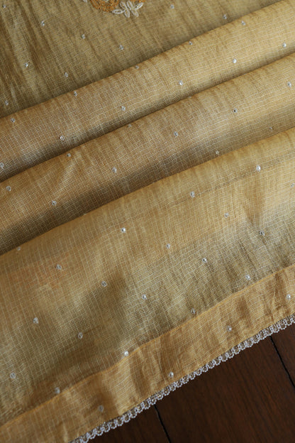 Mustard Yellow Shade Tissue Kota Chikankari Unstitched Fabric
