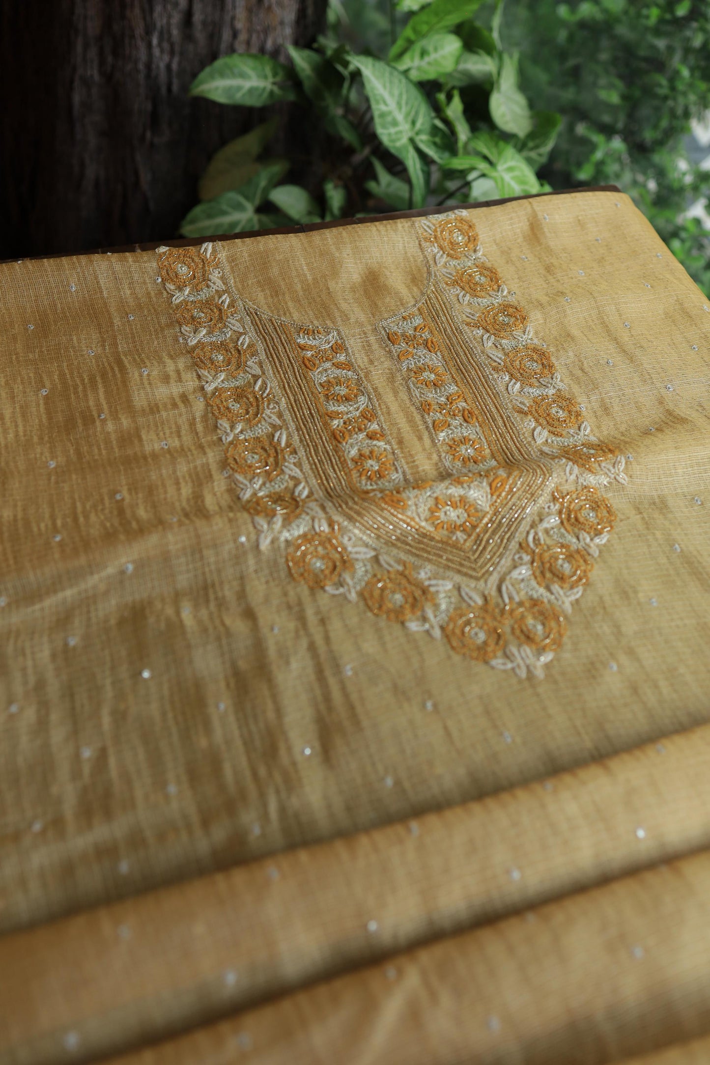 Mustard Yellow Shade Tissue Kota Chikankari Unstitched Fabric