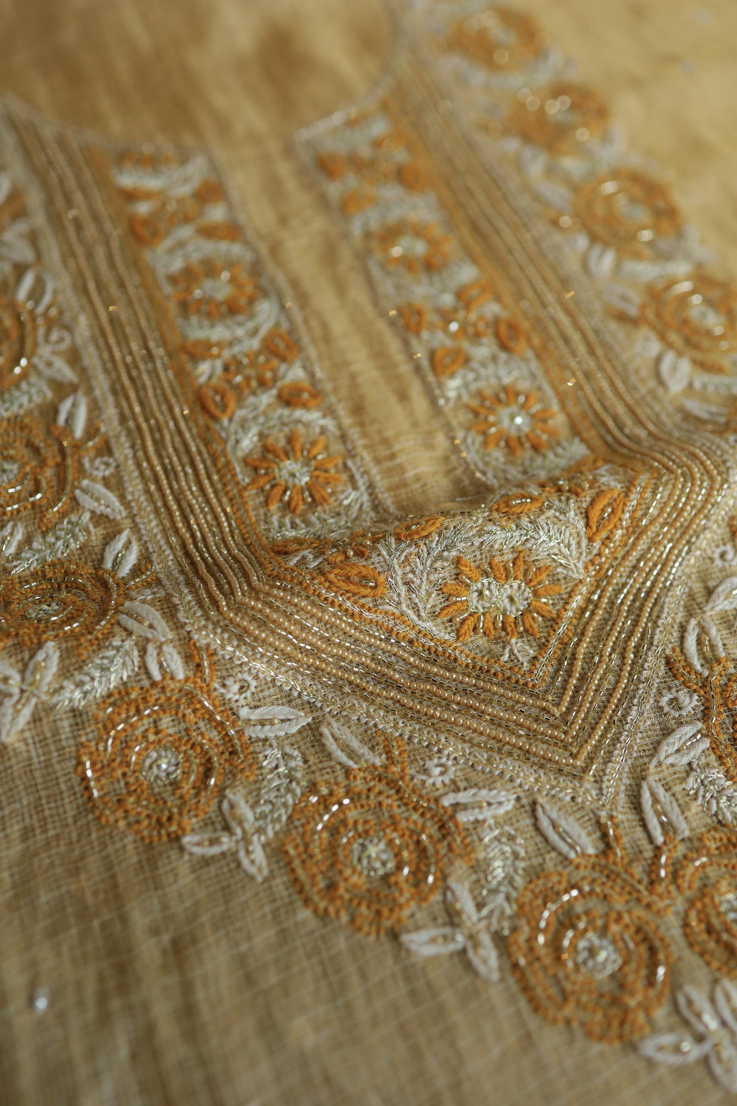 Mustard Yellow Shade Tissue Kota Chikankari Unstitched Fabric