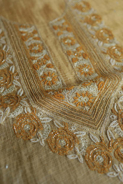 Mustard Yellow Shade Tissue Kota Chikankari Unstitched Fabric