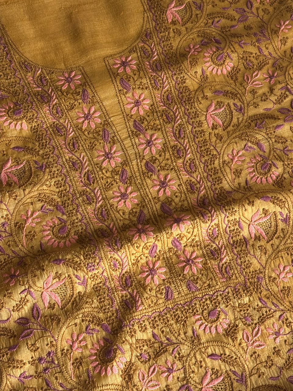 Mustard Yellow Tussar Silk Unstitched Kurta Dupatta Set with Multicolour Chikankari Embroidery