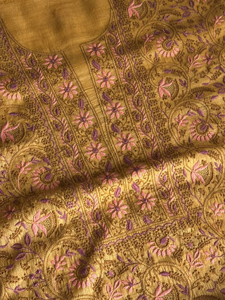 Mustard Yellow Tussar Silk Unstitched Kurta Dupatta Set with Multicolour Chikankari Embroidery