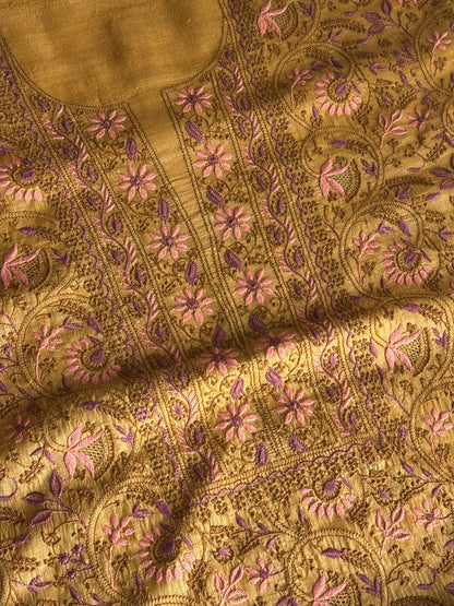 Mustard Yellow Tussar Silk Unstitched Kurta Dupatta Set with Multicolour Chikankari Embroidery