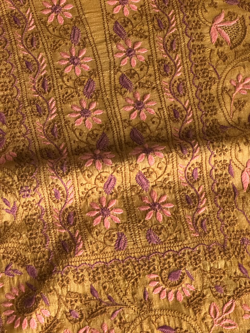Mustard Yellow Tussar Silk Unstitched Kurta Dupatta Set with Multicolour Chikankari Embroidery