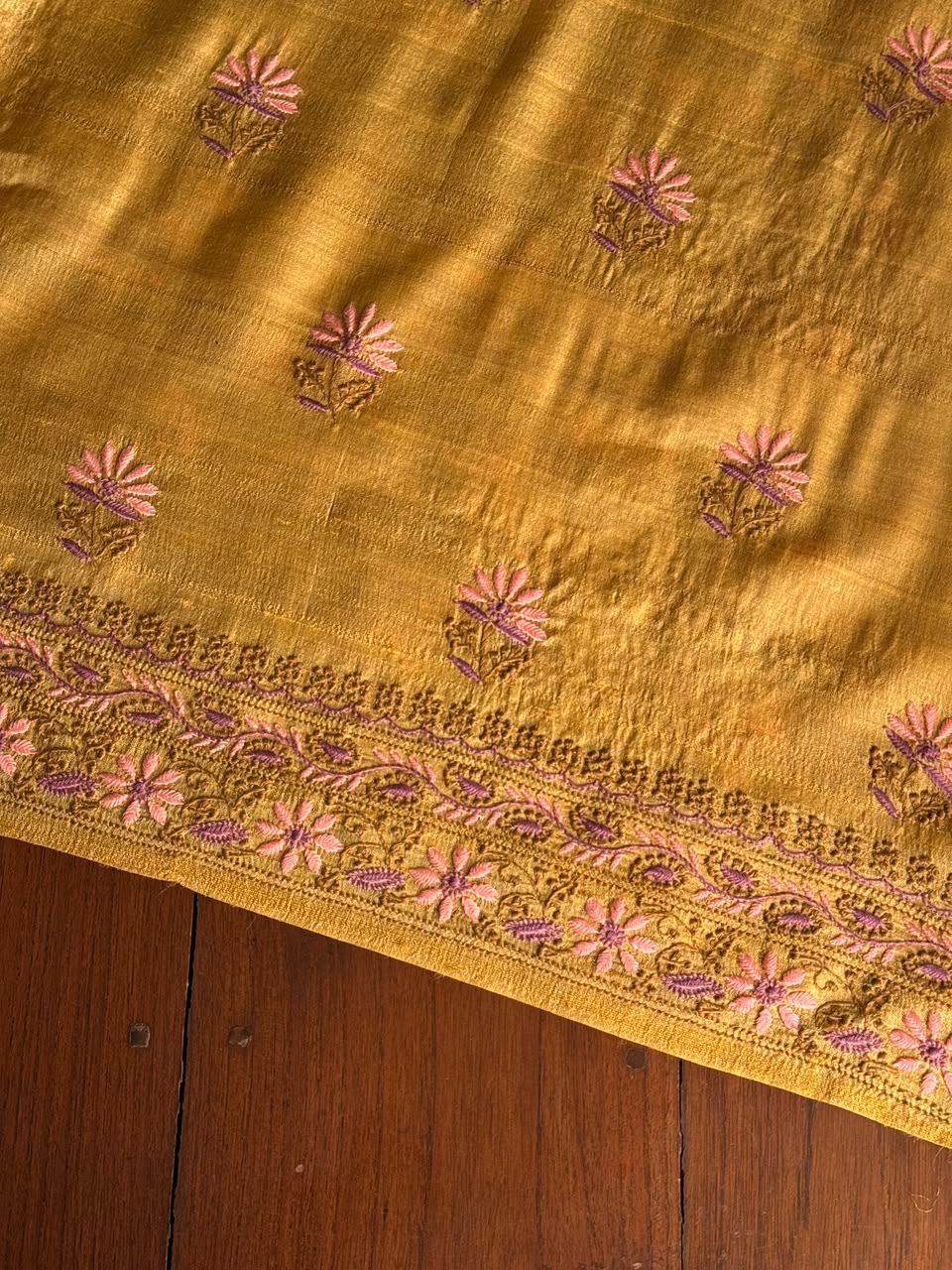 Mustard Yellow Tussar Silk Unstitched Kurta Dupatta Set with Multicolour Chikankari Embroidery