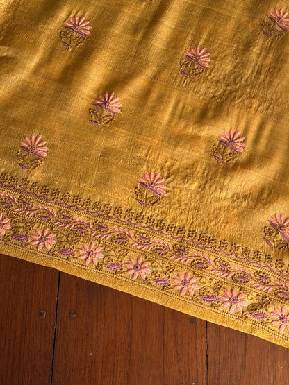 Mustard Yellow Tussar Silk Unstitched Kurta Dupatta Set with Multicolour Chikankari Embroidery