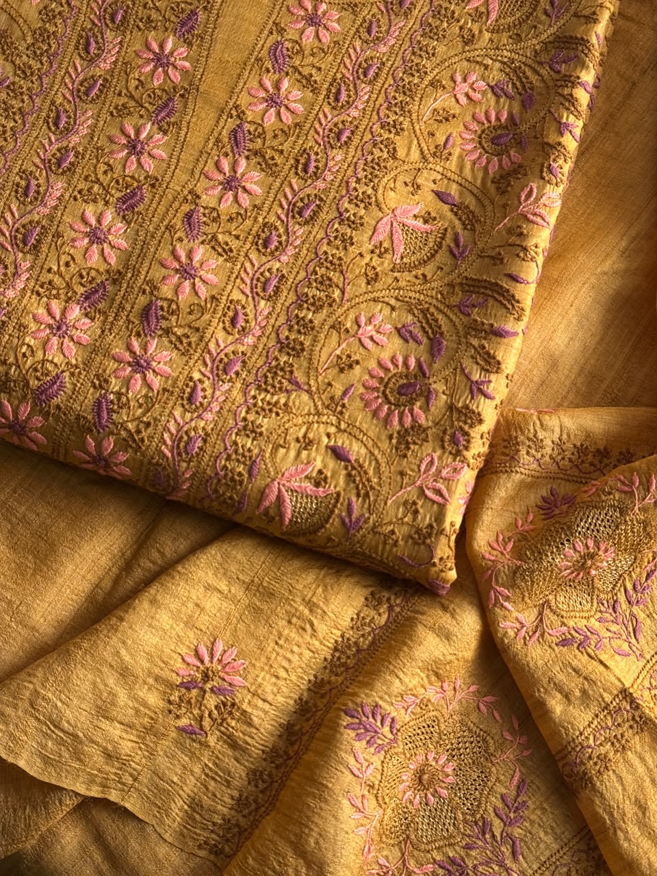 Mustard Yellow Tussar Silk Unstitched Kurta Dupatta Set with Multicolour Chikankari Embroidery