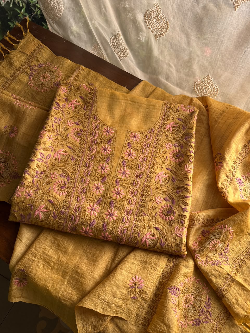 Mustard Yellow Tussar Silk Unstitched Kurta Dupatta Set with Multicolour Chikankari Embroidery