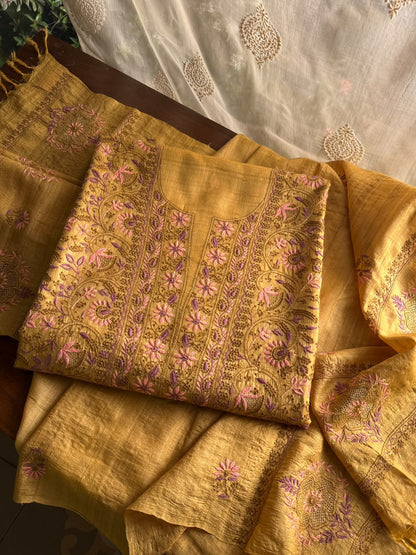 Mustard Yellow Tussar Silk Unstitched Kurta Dupatta Set with Multicolour Chikankari Embroidery