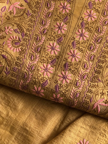 Mustard Yellow Tussar Silk Unstitched Kurta Dupatta Set with Multicolour Chikankari Embroidery