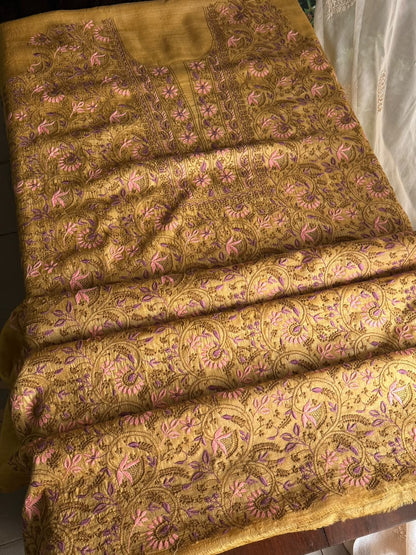 Mustard Yellow Tussar Silk Unstitched Kurta Dupatta Set with Multicolour Chikankari Embroidery