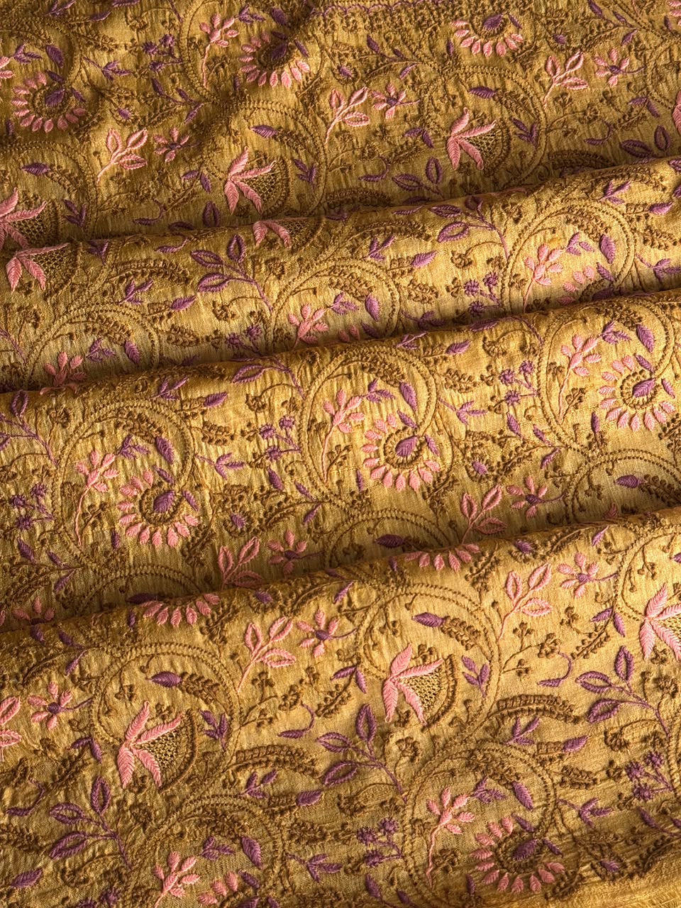Mustard Yellow Tussar Silk Unstitched Kurta Dupatta Set with Multicolour Chikankari Embroidery