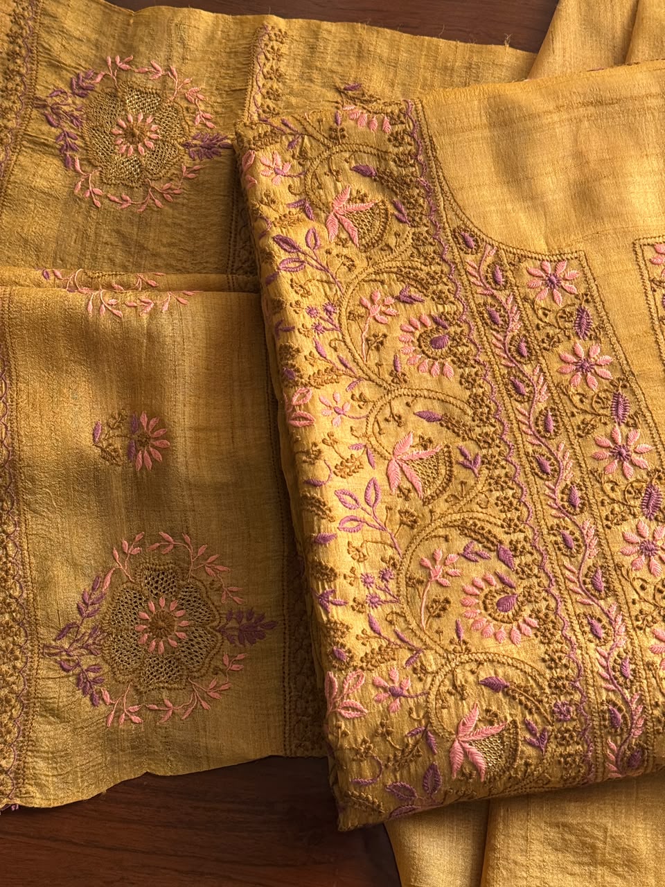 Mustard Yellow Tussar Silk Unstitched Kurta Dupatta Set with Multicolour Chikankari Embroidery