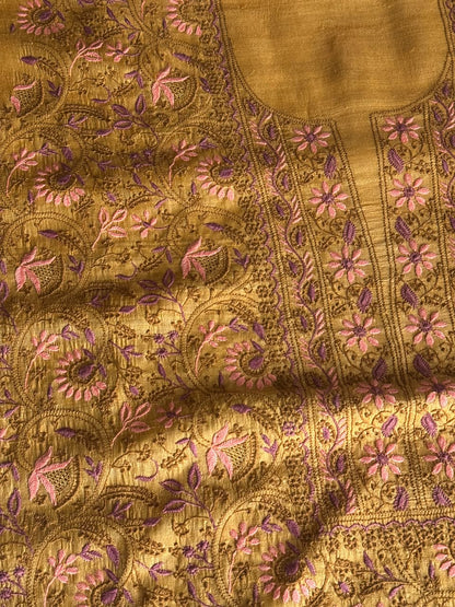 Mustard Yellow Tussar Silk Unstitched Kurta Dupatta Set with Multicolour Chikankari Embroidery
