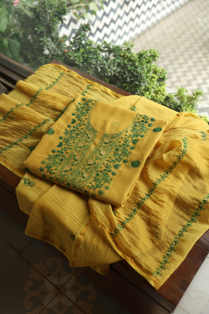 Mustard Yellow & Green Shade Mal Cotton Chikankari Unstitched Kurta Dupatta Fabric With Kamdani