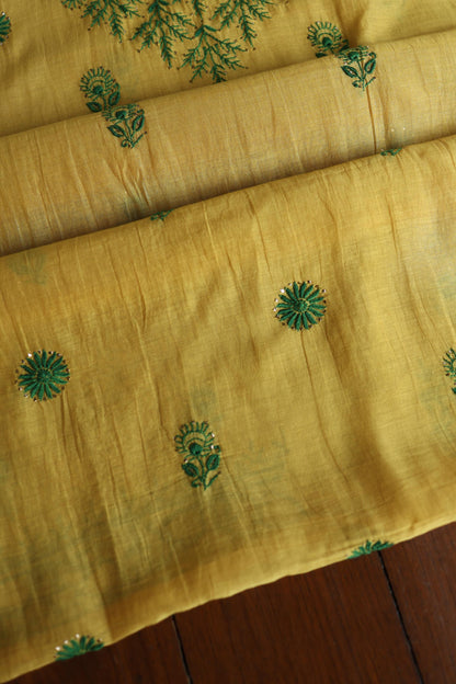 Mustard Yellow & Green Shade Mal Cotton Chikankari Unstitched Kurta Dupatta Fabric With Kamdani