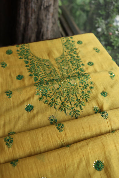 Mustard Yellow & Green Shade Mal Cotton Chikankari Unstitched Kurta Dupatta Fabric With Kamdani