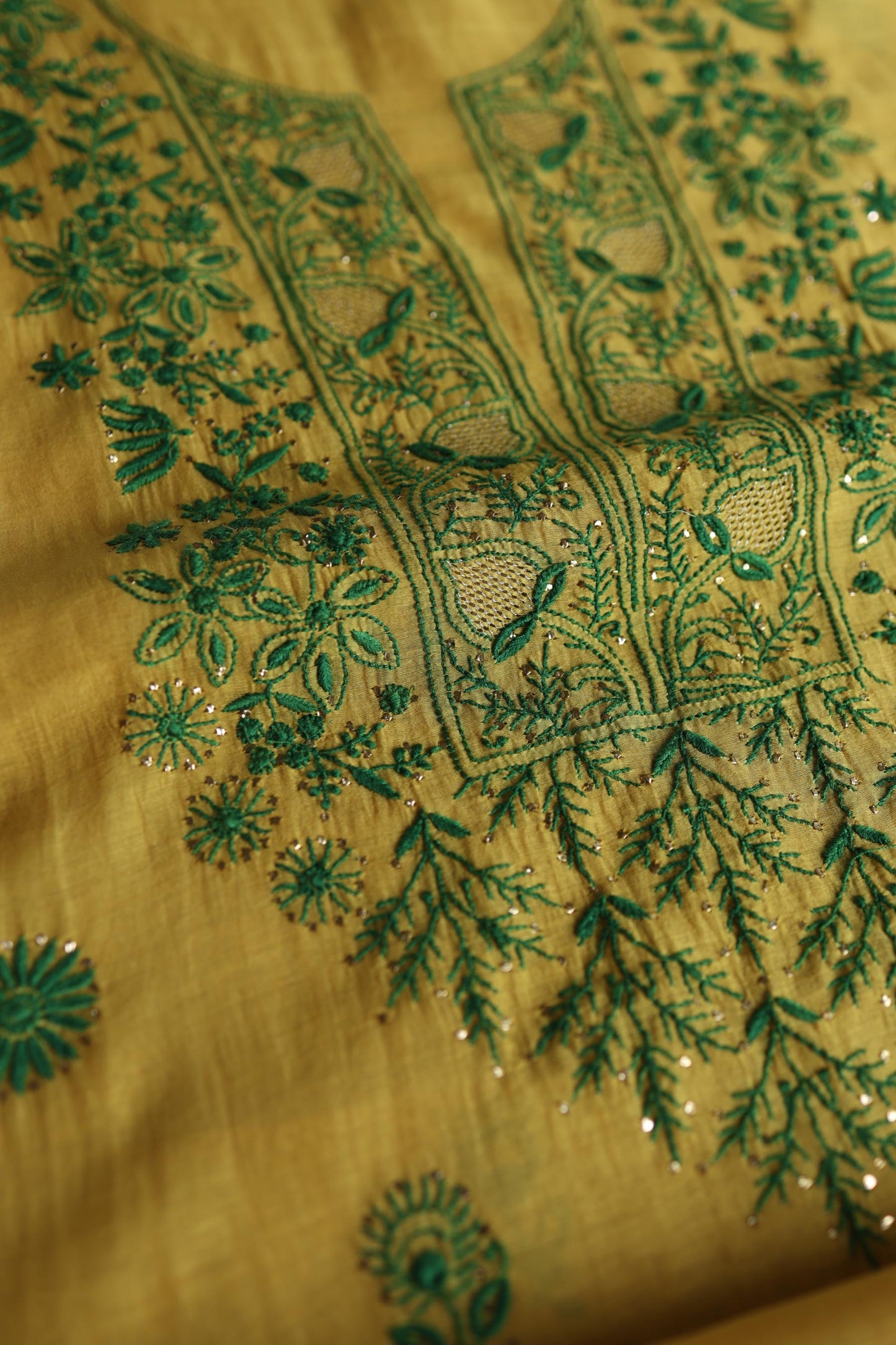 Mustard Yellow & Green Shade Mal Cotton Chikankari Unstitched Kurta Dupatta Fabric With Kamdani