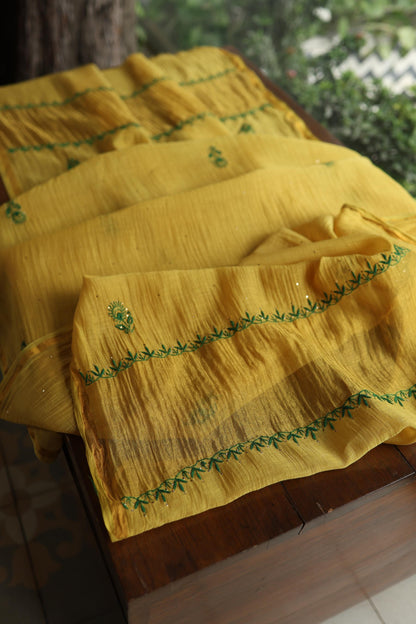 Mustard Yellow & Green Shade Mal Cotton Chikankari Unstitched Kurta Dupatta Fabric With Kamdani