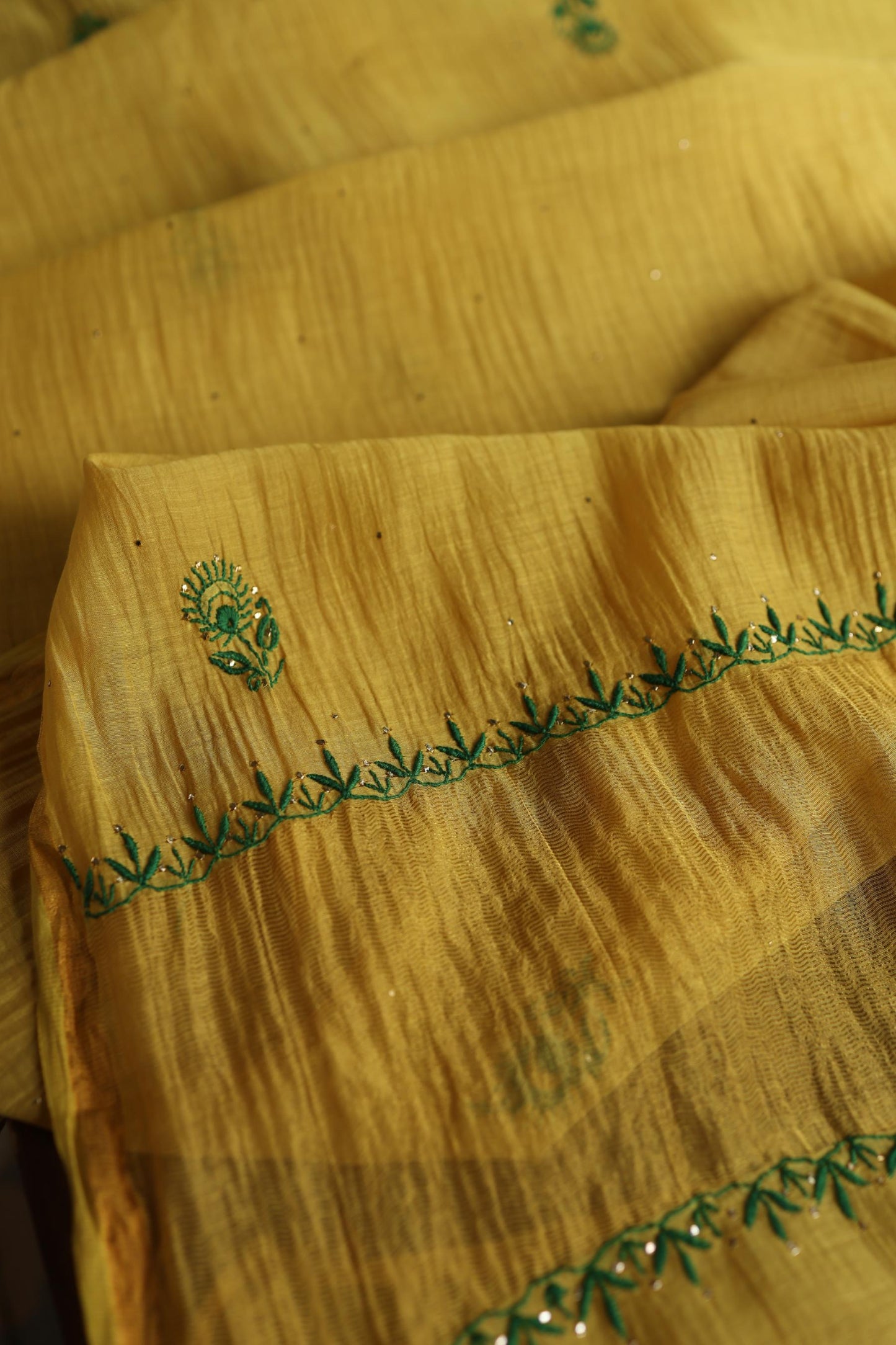 Mustard Yellow & Green Shade Mal Cotton Chikankari Unstitched Kurta Dupatta Fabric With Kamdani