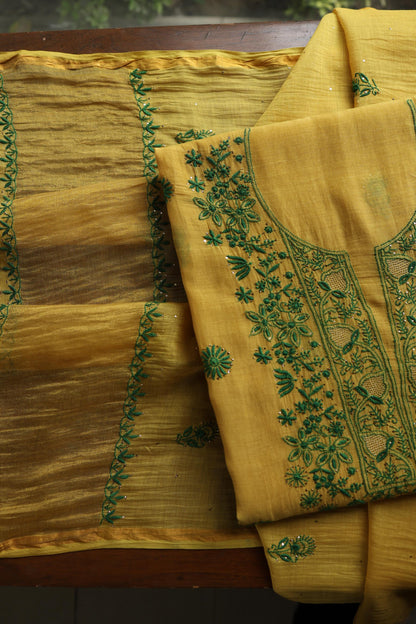 Mustard Yellow & Green Shade Mal Cotton Chikankari Unstitched Kurta Dupatta Fabric With Kamdani