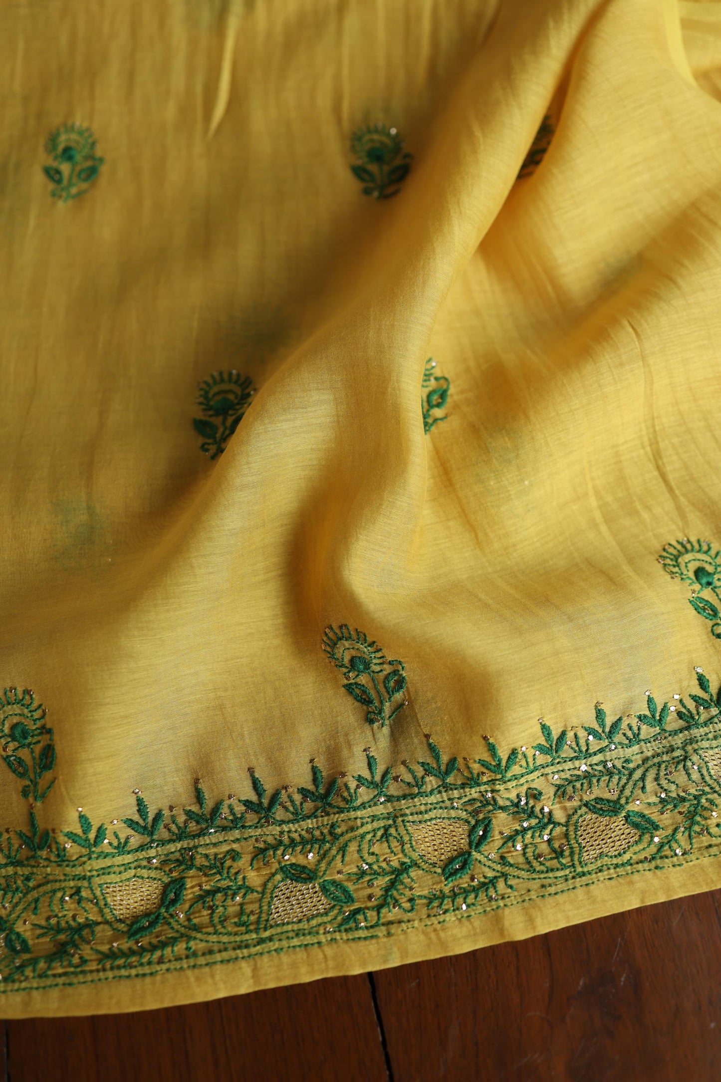 Mustard Yellow & Green Shade Mal Cotton Chikankari Unstitched Kurta Dupatta Fabric With Kamdani