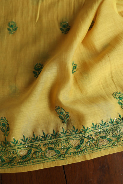 Mustard Yellow & Green Shade Mal Cotton Chikankari Unstitched Kurta Dupatta Fabric With Kamdani